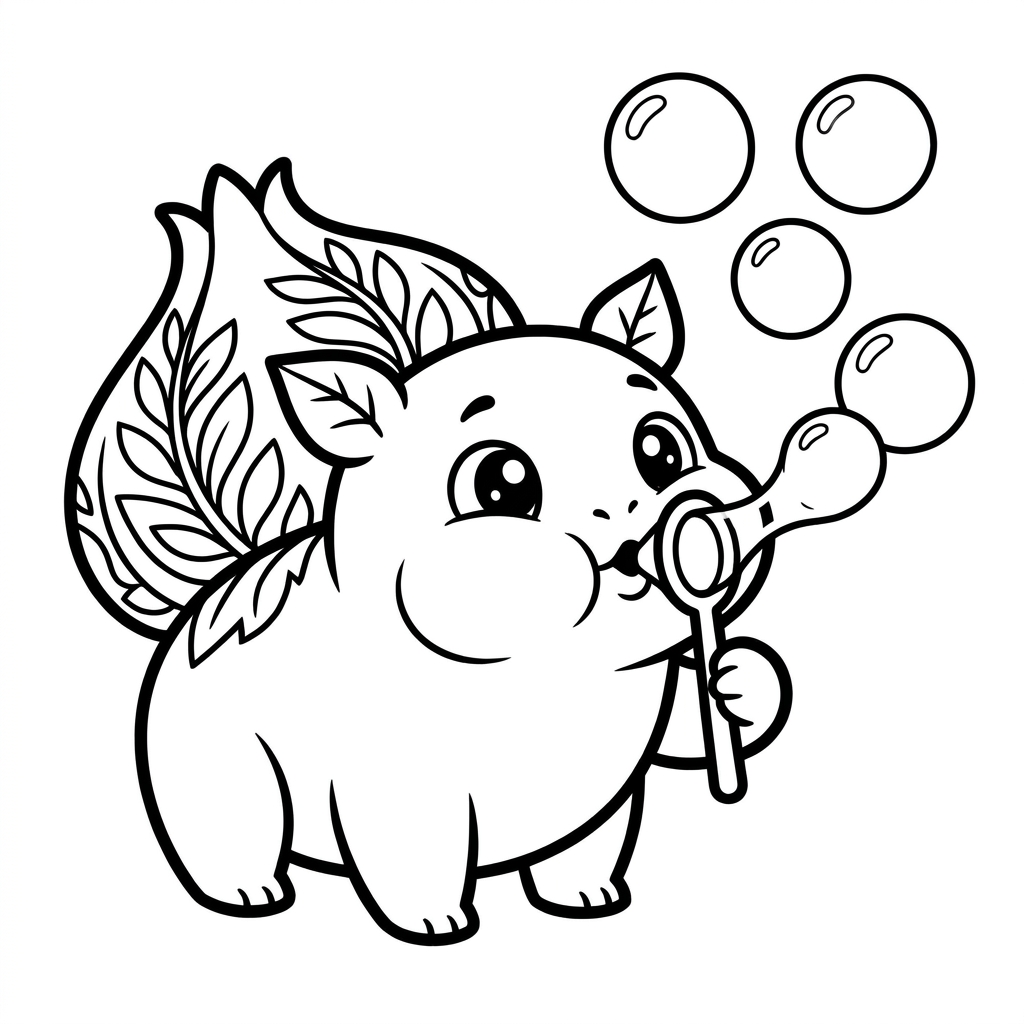 Bulbasaur coloring page blowing large round bubbles into the air with a wand